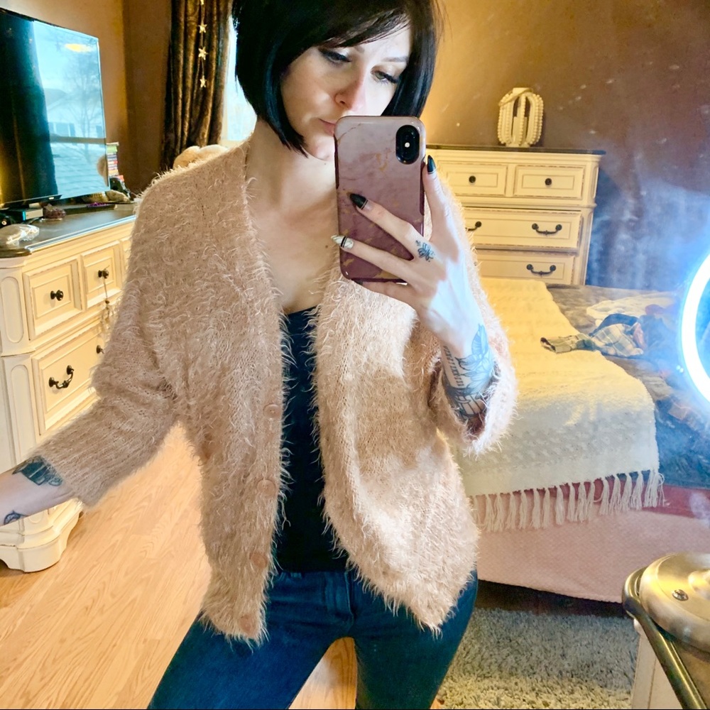 APT.9 Fuzzy Pink Peach Button Up Cardigan Sweater